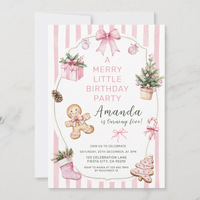 Invitation A Merry Little Christmas Birthday Party Girl Pink  (Devant)