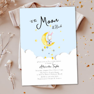 Invitation À Moon Back Rabbit Blue Heart Baby shower garçon d