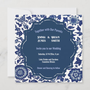 Invitation à motif floral bleu antique