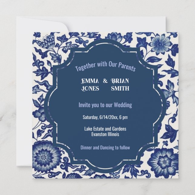 Invitation à motif floral bleu antique (Devant)