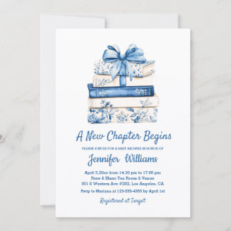 Invitation a new chapter begins blue bow books baby shower 