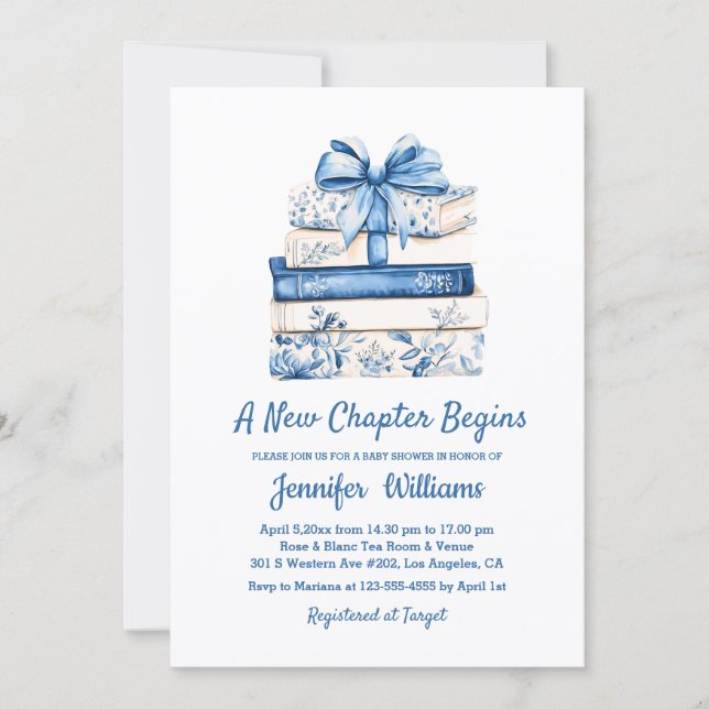 Invitation a new chapter begins blue bow books baby shower  (Devant)