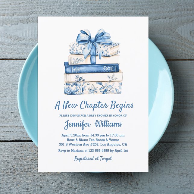 Invitation a new chapter begins blue bow books baby shower  (Créateur téléchargé)