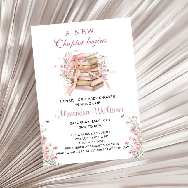 Invitation A New Chapter Begins Coquette Books Baby Shower (A New Chapter Begin Pink Coquette Bow Baby Shower Invitation)