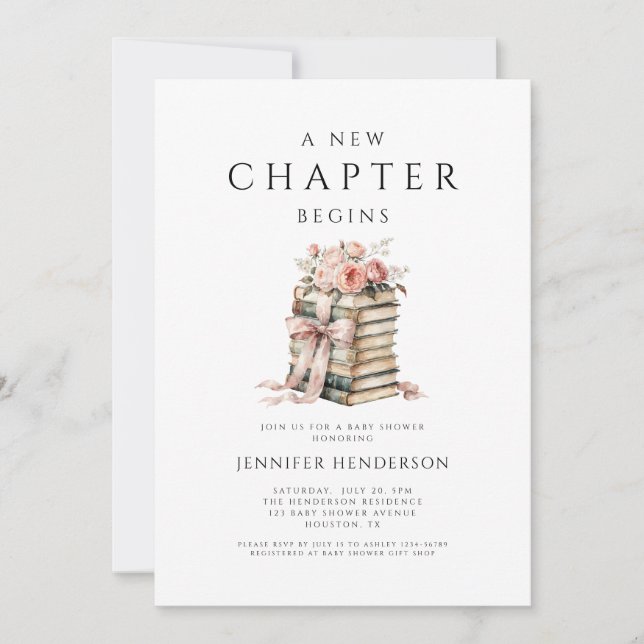 Invitation A New Chapter Begins Pink Bow Books Baby Shower (Devant)