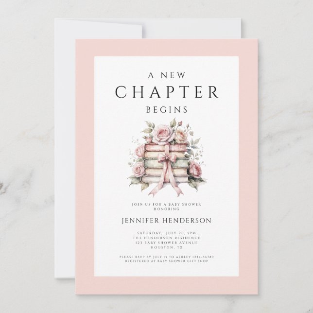 Invitation A New Chapter Begins Pink Bow Books Baby Shower (Devant)