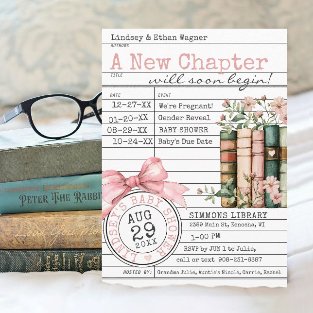 Invitation A New Chapter Library Card Books Pink Baby Shower (A New Chapter floral books wildflower pink bows library card cute modern baby girl shower invitation)