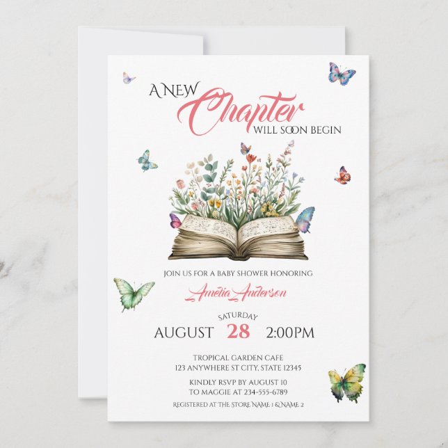 Invitation A New Chapter Watercolor Floral Book Butterflies (Devant)