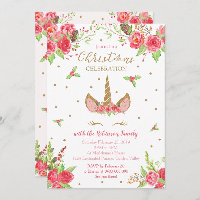 Invitation à Noël Unicorn (Devant / Derrière)