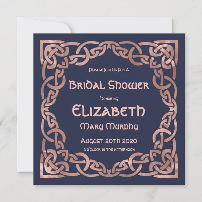 Invitation à nœud celtique Rose Gold et Bleu Navy (Devant)