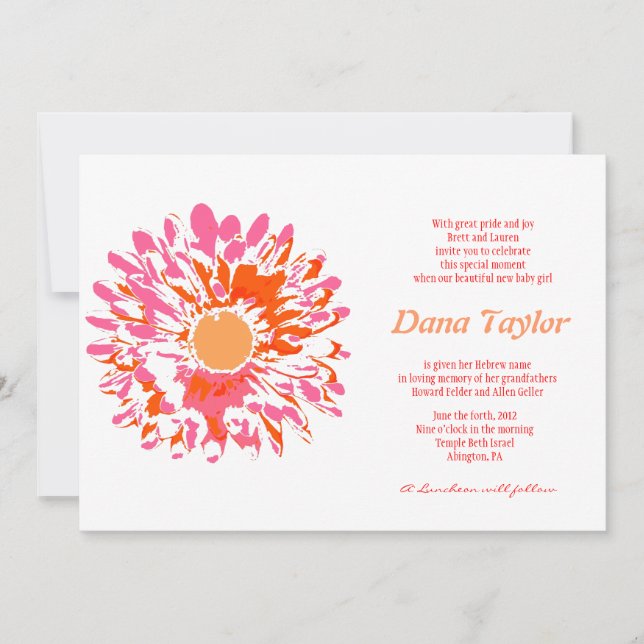Invitation à nommer un bébé juif de fleurs roses H (Devant)