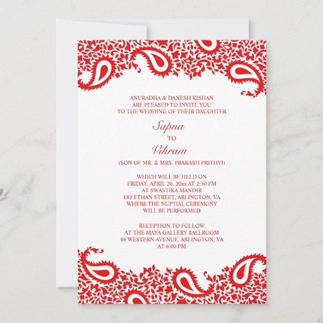 Invitation à plat Mariage indien Paisleys (Devant)