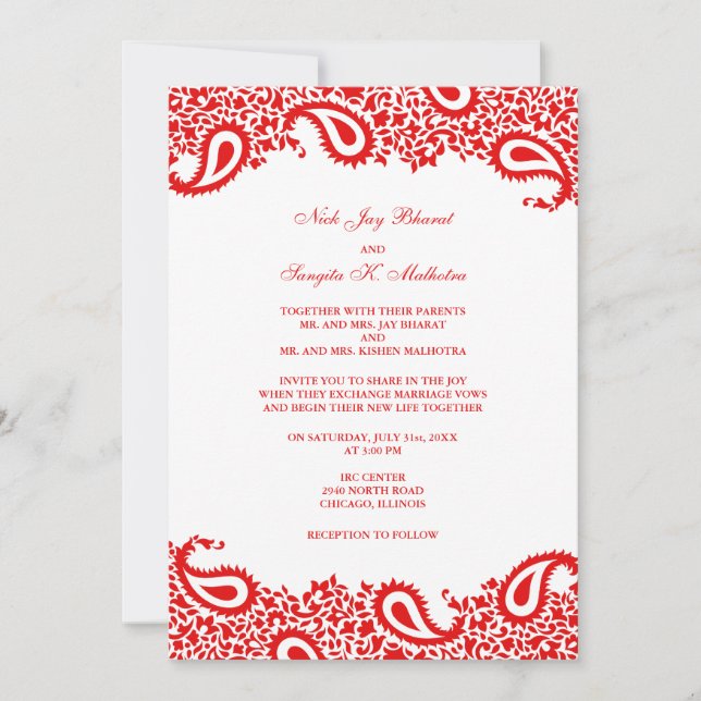 Invitation à plat Mariage indien Paisleys (Devant)