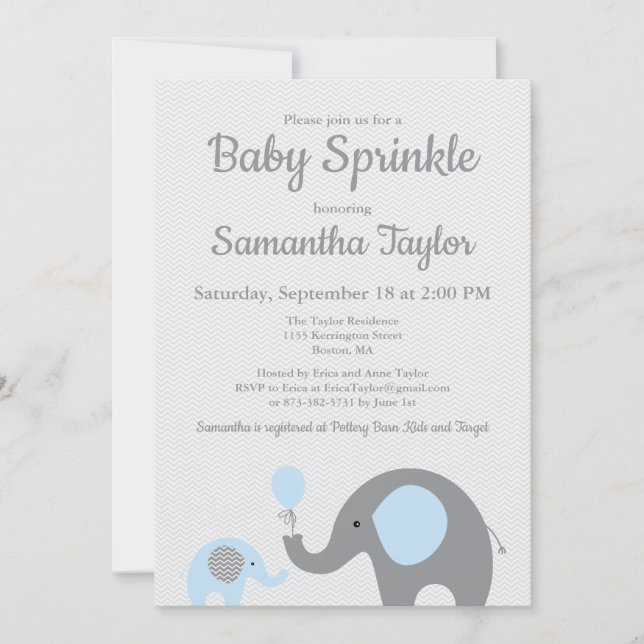 Invitation à saupoudrer bébé éléphant en bleu et g (Devant)