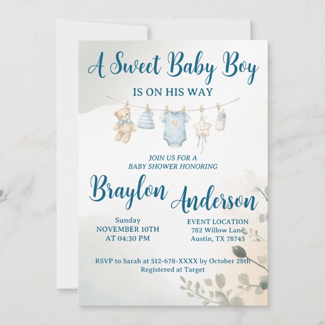 Invitation A Sweet Baby Boy is on his way Baby Shower (Devant)