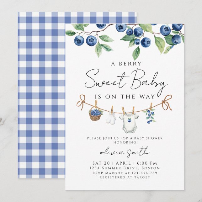 Invitation  A Sweet Berry Blueberry Baby Shower  (Devant / Derrière)