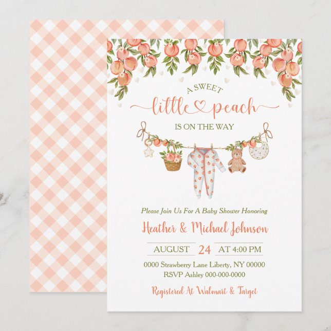 Invitation A Sweet Little Peach Clothesline Baby Shower (Devant / Derrière)