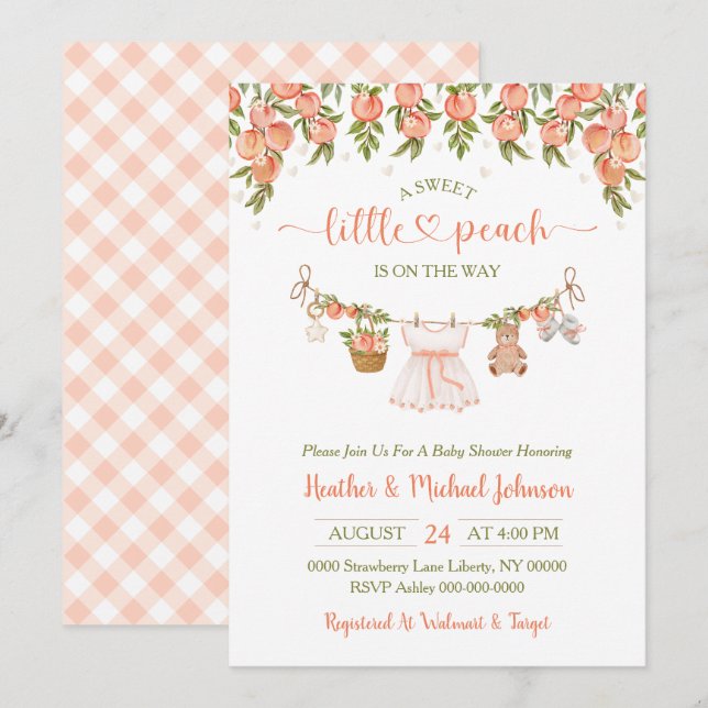 Invitation A Sweet Little Peach Clothesline Girl Baby Shower (Devant / Derrière)