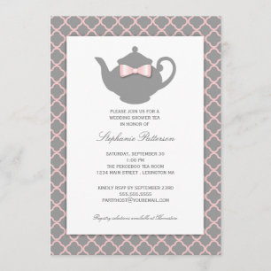 Invitation à thé Mariage rose + gris Quatrefoil