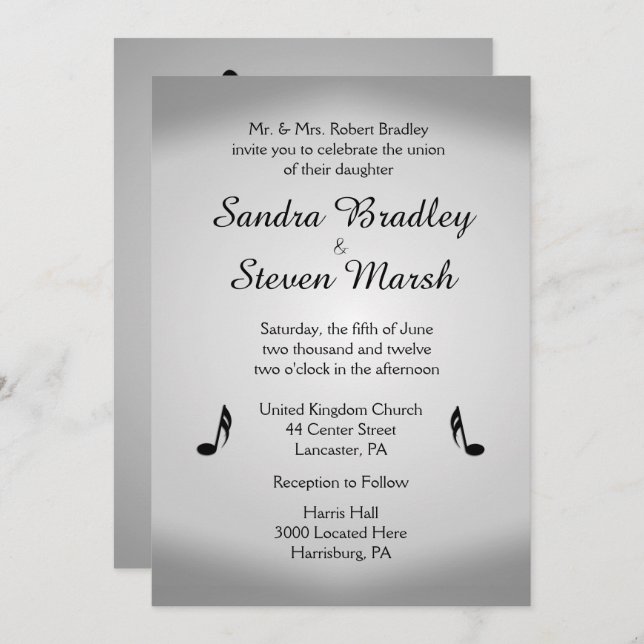 Invitation à thème du Mariage de musique argent (Devant / Derrière)