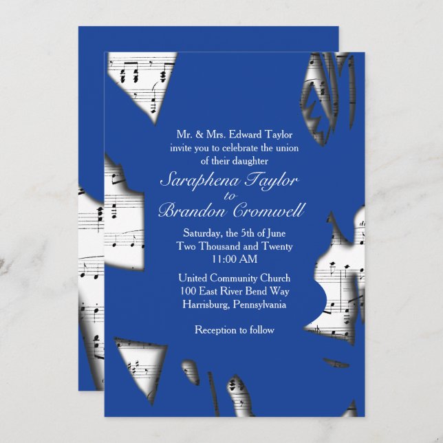 Invitation à thème du Mariage de musique bleue Abs (Devant / Derrière)