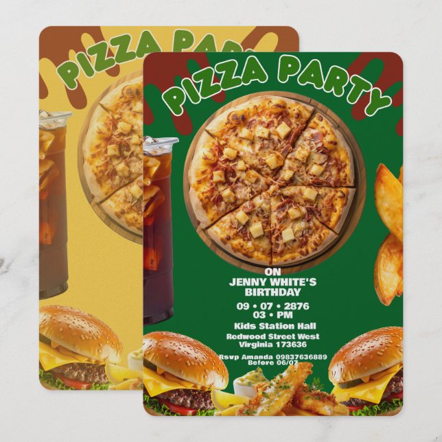 Invitation à thème fête de pizza (Devant / Derrière)