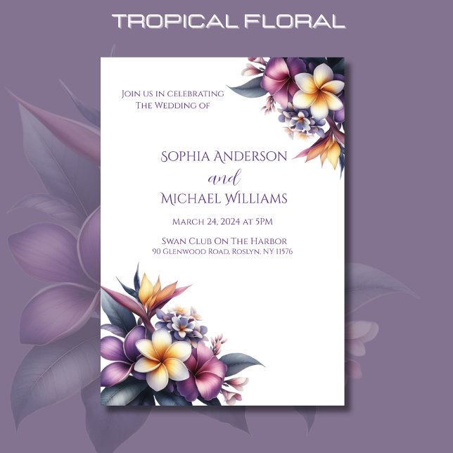 Invitation À Thème Tropical Floral Mariage (Tropical Floral Wedding Invitation-Beach Wedding-Island-Hawaiian-Purple)