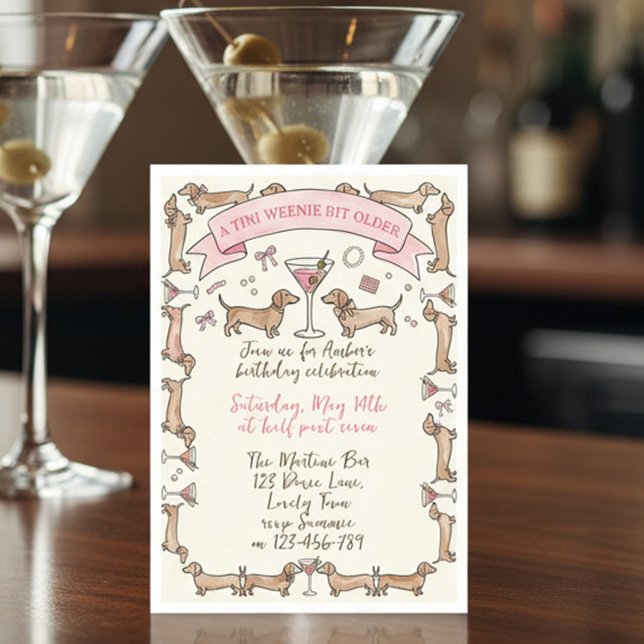 Invitation A Tini Weenie Bit Older Dachshund Martini Birthday (Tini Weenie Bit Older birthday invite with dachshund weiner dogs and martini glasses)