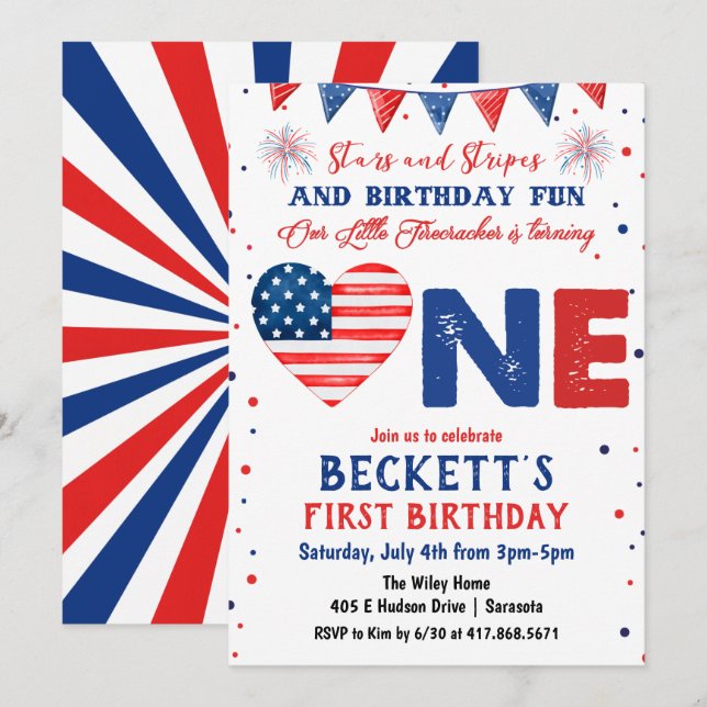 Invitation à un 1er anniversaire le 4 juillet (Devant / Derrière)