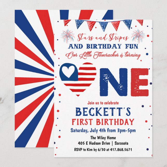 Invitation à un 1er anniversaire le 4 juillet (Devant / Derrière)