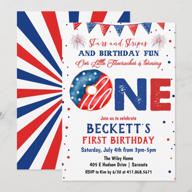 Invitation à un 1er anniversaire le 4 juillet (Devant / Derrière)