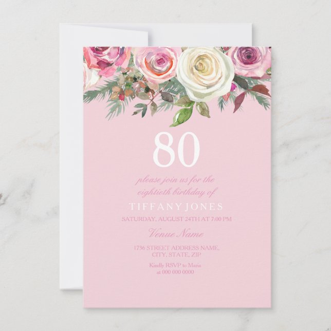 Invitation à un 80e anniversaire Fleurs de rose ro (Devant)
