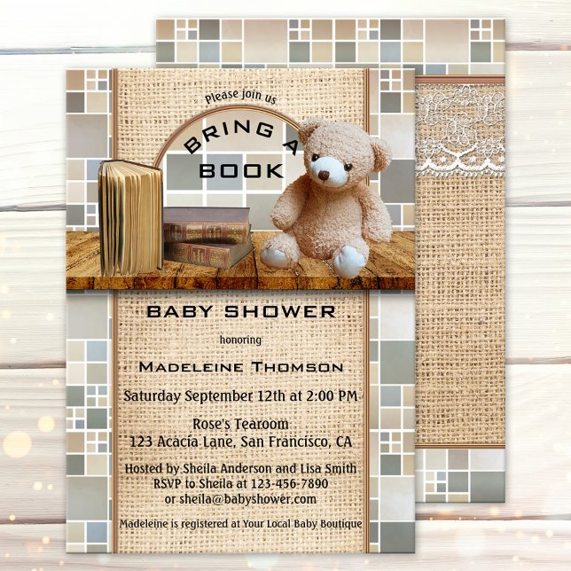 Invitation à un Baby shower de livre (Cute baby shower invitation featuring a shelf with books and teddy bear on burlap and tiles)