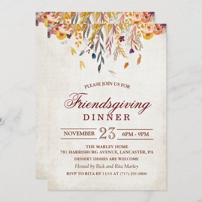 Invitation à un dîner de Friendsgiving aux feuille (Devant / Derrière)