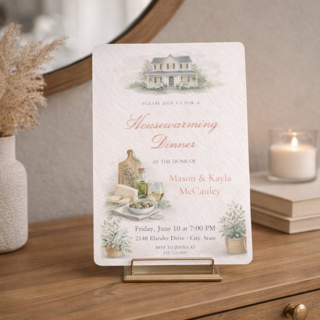 Invitation à un dîner de pendaison de crémaillère (Warm housewarming dinner invite with blush tones, wine and cheese details, and soft greenery)