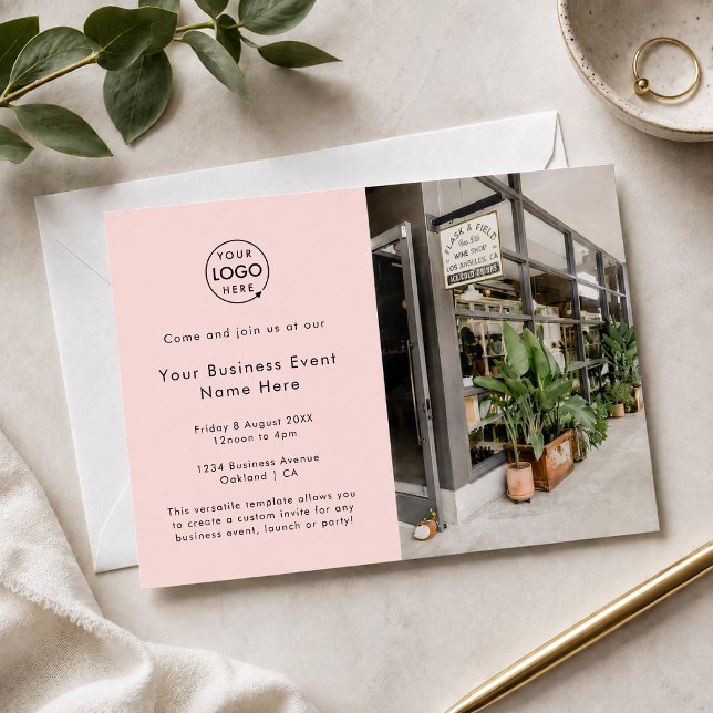 Invitation à un événement commercial | Cartes d'in (Blush pink business launch invitation with photo and logo for boutiques, salons, and studios.)