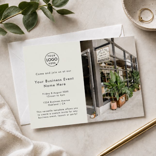 Invitation à un événement commercial | Cartes d'in (Gray corporate networking invitation with logo and photo layout for polished business events.)