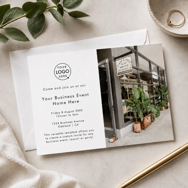 Invitation à un événement professionnel | Cartes d (Custom white business event invitation with logo and photo layout for launches and networking.)