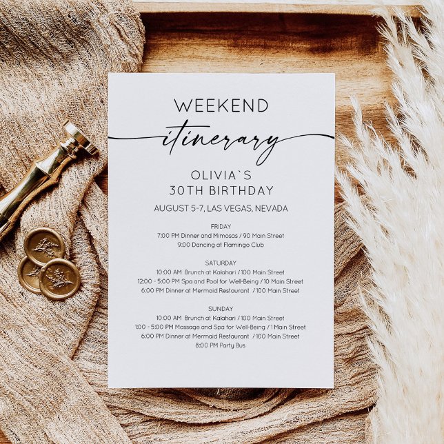 Invitation à un itinéraire d'anniversaire élégant  (Birthday Bridal Shower Weekend Itinerary Card)