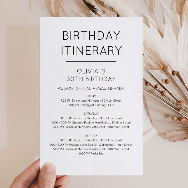 Invitation à un itinéraire d'anniversaire élégant  (Elegant Weekend Birthday Itinerary Invitation)