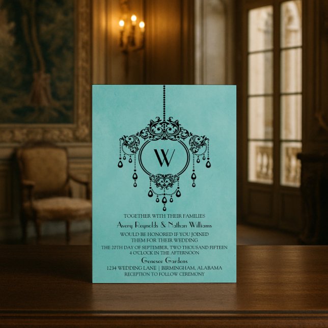 Invitation à un mariage avec un chandelier Vintage (Aqua Vintage Chandelier Wedding Invite)