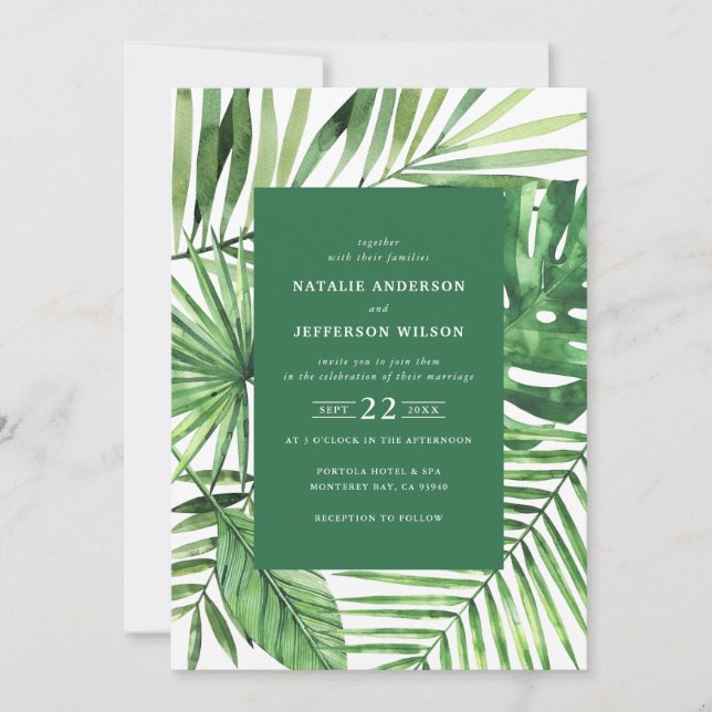 Invitation à un mariage avec une feuille tropicale (Devant)
