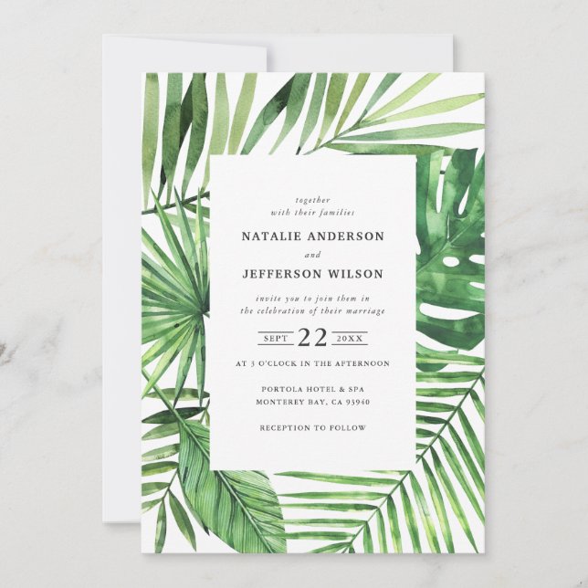 Invitation à un mariage avec une feuille tropicale (Devant)