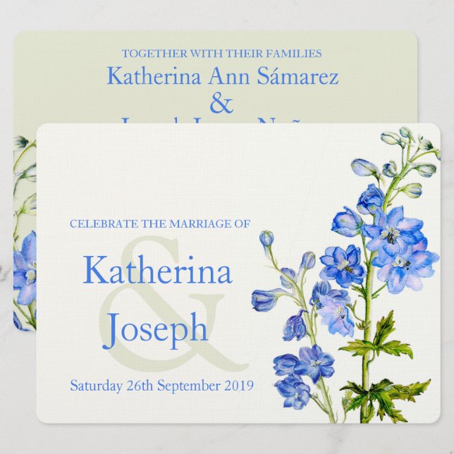 Invitation à un mariage d'aquarelle bleue Delphini (Devant / Derrière)