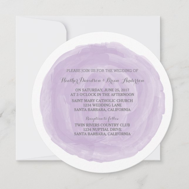 Invitation à un mariage d'aquarelle ronde violette (Devant)