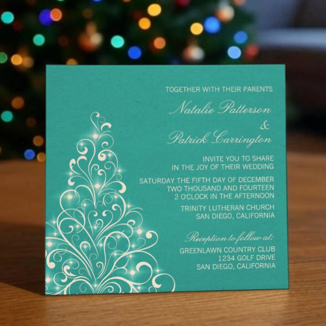 Invitation à un mariage d'arbre de Noël, Aqua (Aqua Sparkly Holiday Tree Wedding Invitation)