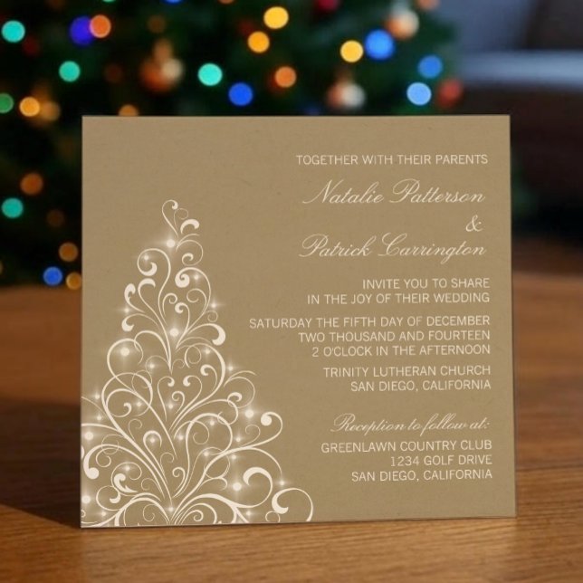 Invitation à un mariage d'arbre de Noël, Latte (Latte Sparkly Holiday Tree Wedding Invitation)
