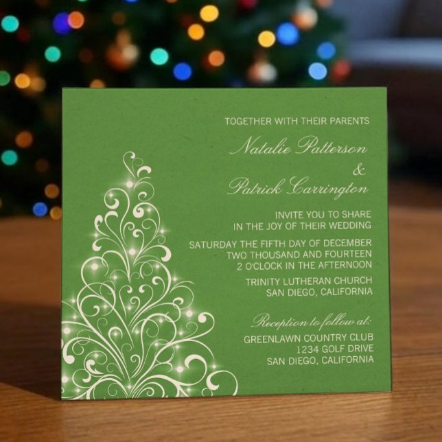 Invitation à un mariage d'arbre de Noël, vert (Green Sparkly Holiday Tree Wedding Invitation)