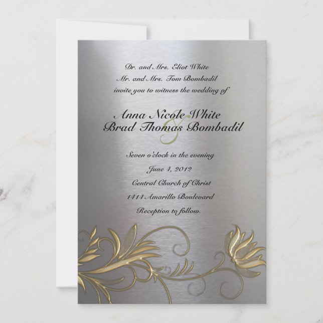 Invitation à un mariage d'argent et d'or à la flor (Devant)