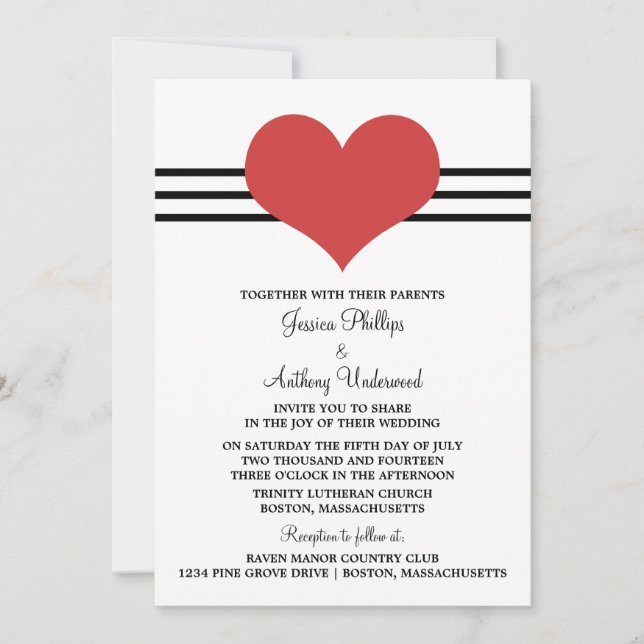 Invitation à un mariage de coeur, rouge (Devant)